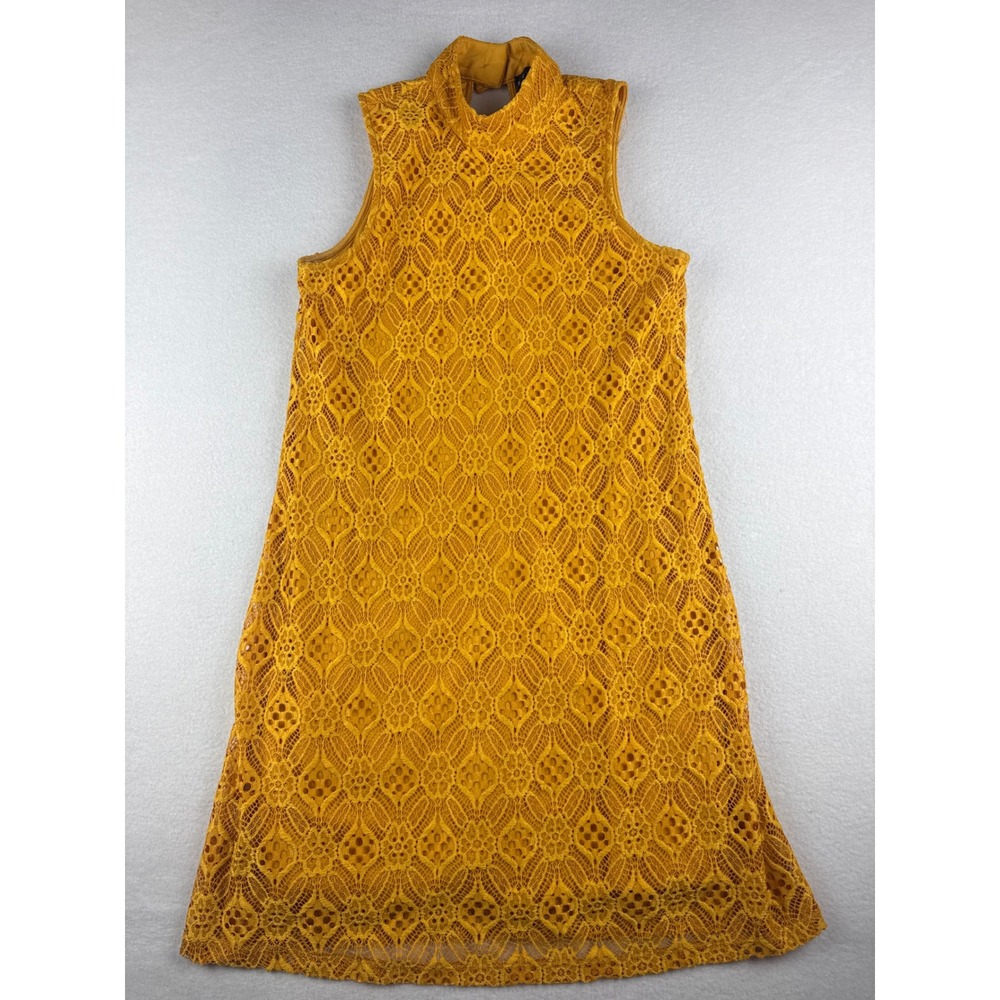 Society Girl Womens Mustard Yellow Lace Mock Neck Sleeveless Shift Dress Small